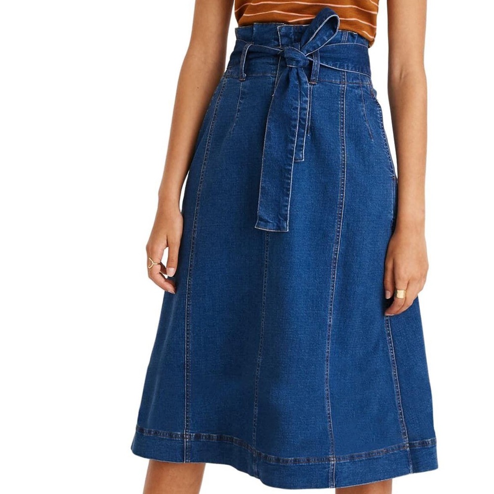 Madewell Stretch Denim Paperbag Midi Skirt in Indigo Wash sz 0